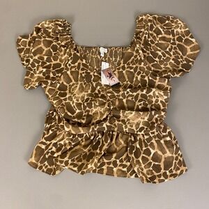 Sofia Vergara Leopard Print Top XXL Beige Brown Smocked V Neck‎ Flutter Sleeve